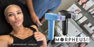 Kim Kardashian lying down while undergoing a Morpheus8 laser treatment, with the device and its logo displayed prominently.