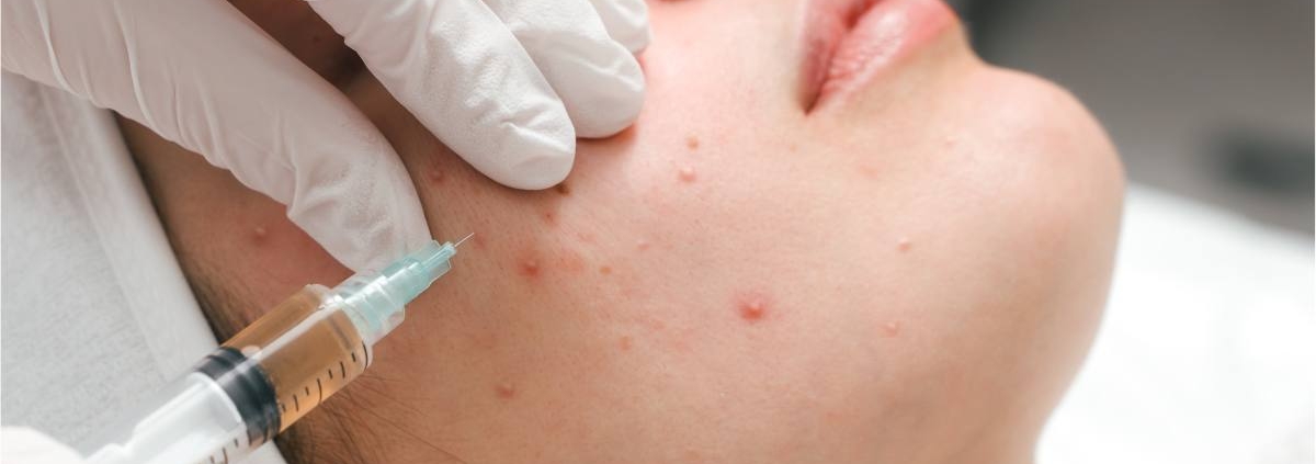 A close-up of a dermatological procedure with a medical professional injecting treatment into the acne-affected skin of a patient.